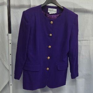 Oleg Cassini size 12 purple wool blazer and skirt set with gold buttons